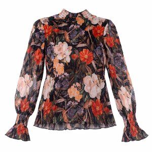 Chicos Womens Size M Floral‎ Print Long Sleeve Blouse Multicolor Crinkle Texture